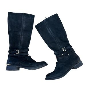 EUC : Steve Madden - Albany Black Leather EUC Riding Boots Buckle Gold Size 7